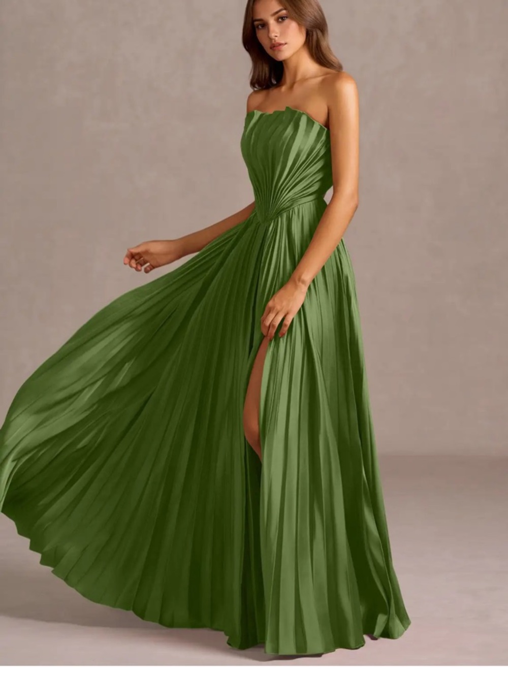 Azazie Olive Green Pleated Maxi Dress